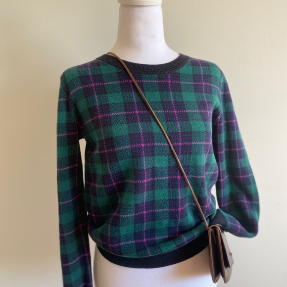 J.Crew Teddie Sweater XS • Cotton Crewneck • Preppy Plaid Green Blue Pink - Picture 3 of 9